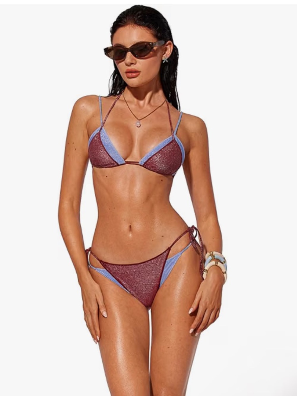Women Sexy Triangle Bikini Set Halter String Two Piece Swimsuit - Purple